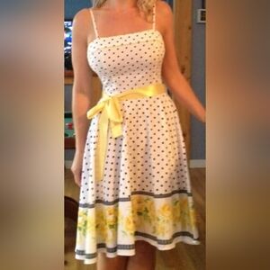 Polka Dot And Rose Dress.  Zip Back. Ribbon Belt.  Size Medium. 31  From Chest